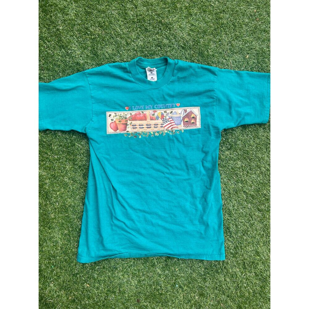 Vintage 90s Teal Graphic T-Shirt "Love My Country" USA Garden